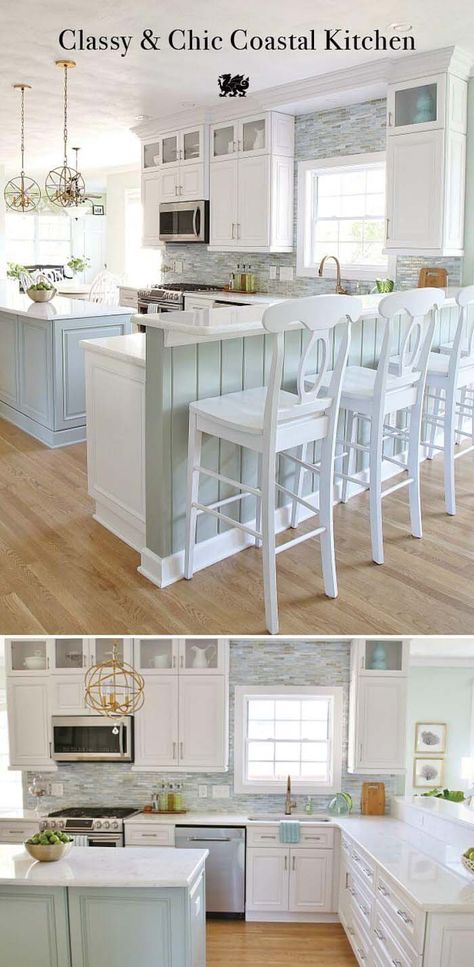 Beach Home Renovation, White Beachy Kitchen, Shore House Kitchen, Beach Style Interior Design, Beach Interior Design Coastal Style, Coastal Kitchens Beach Houses, Beach House Kitchen Ideas, Beach House Kitchen Cabinets, Beach Condo Remodel