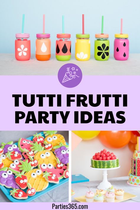 Throw a fabulous Tutti Frutti Birthday Party with these bright ideas for decorations, favors and the cake! Whether it's a Two-ti Fruitti party of a fun theme for a kids party, there's plenty of inspiration for your invitation, centerpieces, table backdrop, cupcakes and more right here! Fruitti Tutti Party, Tutti Frutti Cupcake Ideas, Twotti Frutti Centerpieces, Tutti Fruity Party Decorations, Tutti Frutti Birthday Party Favors, Tutti Frutti Party Favors, Two Frutti Birthday Party, Tootie Fruity Birthday Party, Tutti Frutti Cupcakes