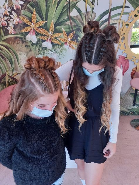 Two girls with braided space buns Dutch braided hairstyle Braids To Space Buns, Space Buns Half Up Half Down Braids, Space Theme Hairstyles, Braids Into Space Buns Half Up Half Down, Braided Space Buns Half Up, Space Buns For Kids, Dutch Braids With Space Buns, Dutch Braid Space Buns Half Up Half Down, Braids With Space Buns