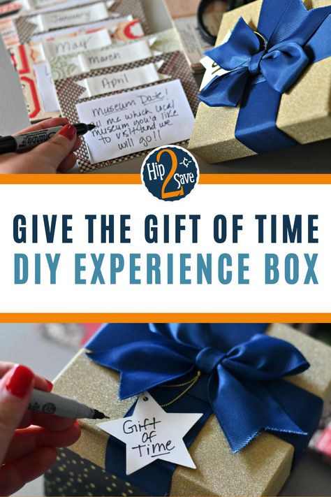 Time is the most valuable gift you can give. Make your own DIY Christmas gift with an experience box. This handmade gift includes 12 fun ideas and monthly activities for the entire year. Make memories with this unique gift idea. Monthly Family Activities, The Gift Of Time, Time Well Spent, Monthly Activities, Activity Box, Christmas Experiences, Get Gift Cards, Family Diy, Christmas Planner