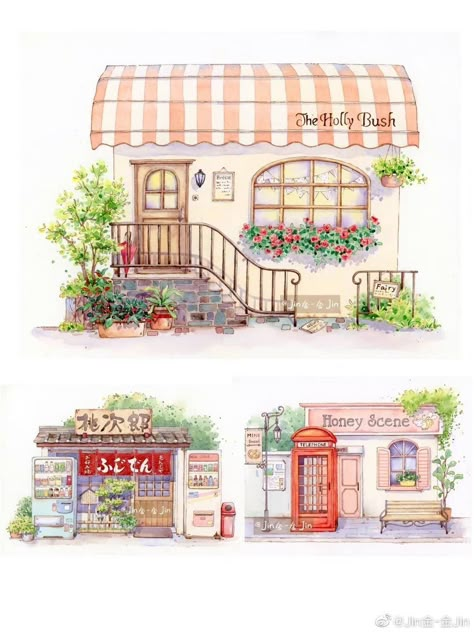 Cafe Exterior Design Drawing, Ghibli House Drawing, Art Home, Cozy Cafe Drawing, Shop Front Watercolor, Japanese Storefront Watercolor, Water Color Markers, Watercolour Drawings, Flower Shop Design