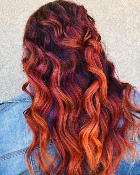 Violet Copper Balayage, Fall Halloween Hair Color, Autumn Leaves Hair Color, Autumn Hair Colour Ideas, Halloween Hair Color Ideas For Brunettes, Vibrant Spring Hair Color, Autumn Hair Colors 2023, Fall Themed Hair Color, Fall Hair Color Ideas 2023