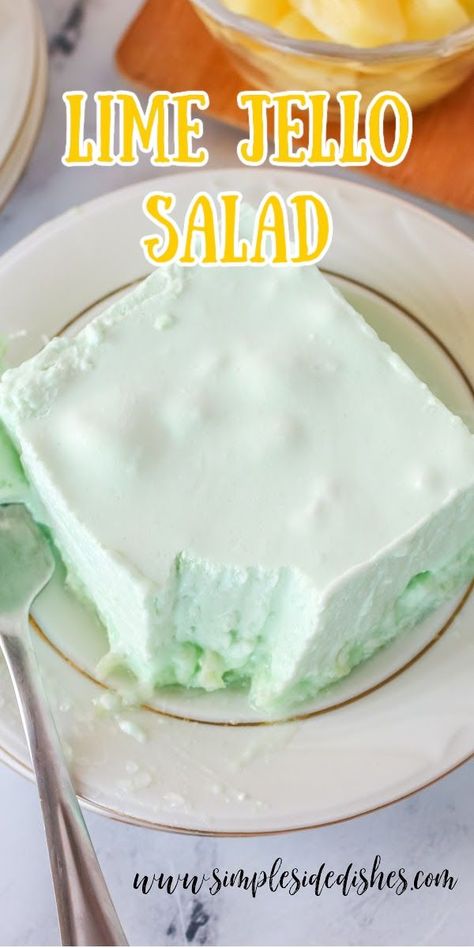 You will love this refreshing Vintage Lime Jello Salad. With only 5 ingredients (and water) it is so easy to make to serve a crowd. #limejello #limejellosalad #vintagelimejellosalad #7upsalad #7upjellosalad #limejellosaladwithpineapple #limejellosaladwithpineappleandcoolwhip #limegreenjellosalad #recipe #simplesidedishes Jello Cool Whip Salad, Lime Jello Recipes, Lime Jello Salad, Jello With Cool Whip, Jello Pudding Desserts, Green Jello Salad, Lime Jello Salads, Jello Mold Recipes, Jello Dessert Recipes