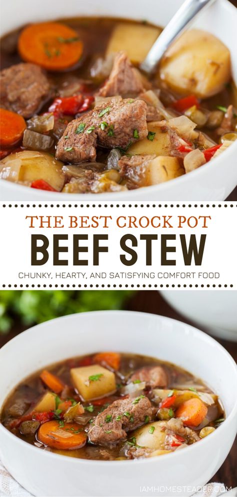 Looking for comfort food recipes to try this fall? Nothing can be more satisfying than this chunky and hearty Crock Pot Beef Stew! Just throw this recipe together in the morning, and this main dish will be waiting for you when you get home. Save this dinner idea! Crock Pot Beef Stew, Crockpot Beef Stew, Crock Pot Beef, Crockpot Recipes Beef Stew, Slow Cooker Stew, Beef Stew Crockpot, Pot Beef Stew, Slow Cooker Beef Stew, Crockpot Recipes Beef