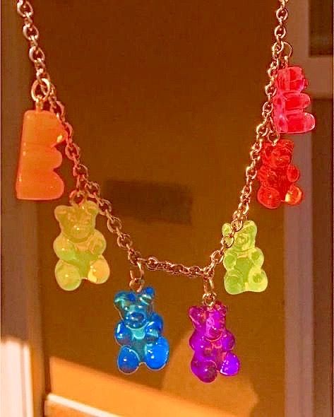 Bear Necklace Aesthetic, Gummy Bear Necklace, Necklace Aesthetic, Bear Necklace, Gummy Bear, Indie Kids, Gummy Bears, Drop Earrings, Collar