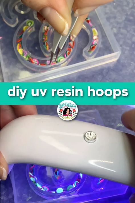 This is such a fun project for beginners! Use UV resin to make hoop earrings. Uv Resin For Beginners, Uv Resin Crafts For Beginners, Diy Resin Earring Ideas, Resin Earrings Diy How To Make, How To Make Resin Earrings, Make Hoop Earrings, Resin Earrings Diy, Resin For Beginners, Uv Resin Crafts