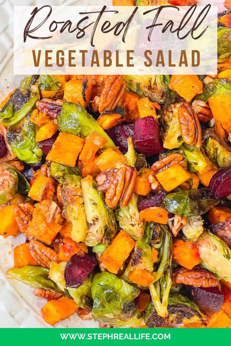 Roasted Fall Vegetable Salad Recipe Fall Roasted Veggie Bowl, Fall Roasted Vegetable Salad, Sweet Potato Roasted Veggies, Fall Vegetable Side Dishes Healthy, Roasted Vegetables With Sweet Potatoes, Best Roasted Vegetables Recipe, Oven Vegetables Roasted, Cold Roasted Vegetable Salad, Maple Roasted Vegetables