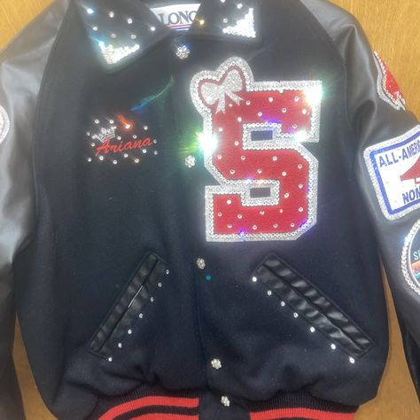 Follow us on IG @somethingstocheerabout to place your order we ship! Letterman jacket chenille patch rhinestones Swarovski crystals bling glitter cheer Dance Letterman Jacket, Bedazzled Letterman Jacket, Jacket Patches Ideas, Letterman Jacket Ideas, Letterman Jacket Patches, Graduation 2025, Patches Ideas, Bling Jacket, Letter Jacket