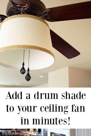 Add a drum shade to a ceiling fan in minutes! Lampshade On Ceiling Fan Diy, Change Ceiling Fan Light Fixture, Rental Ceiling Fan Makeover, Ceiling Fan Globe Alternatives, Ceiling Fan Update Diy, Changing Ceiling Fan Light Covers, Ceiling Fan Lamp Shade, How To Update Ceiling Fan Light Fixtures, Ceiling Fan Diy Makeover