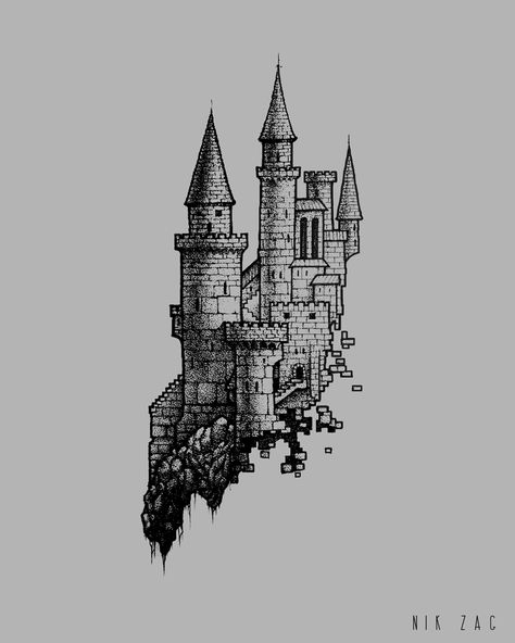 Castles Tattoo Design, Mini Castle Tattoo, Brick Castle Tattoo, Blackwork Castle Tattoo, Medieval Castle Tattoo Design, Sketch Like Tattoos, Crumbling Castle Tattoo, Fantasy Castle Tattoo, Medieval Architecture Drawing