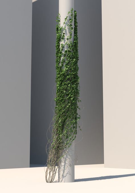 Column Vines On Columns, Column Decoration Interior, Unique Column Design, Green Column Design, Creative Column Design, Column Tree Design, Moss Column, Plant Pillars Columns, Feature Column