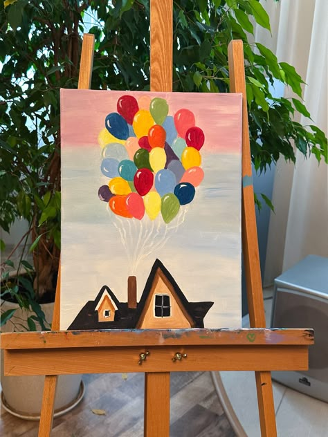 Up Canvas Painting Disney, Cute Wall Painting Ideas Aesthetic, House From Up Painting, Up Painting Disney, Up Movie Painting, Up House Painting, Anniversary Painting Ideas, Movie Balloons, Cute Easy Things To Paint