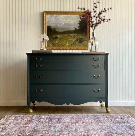 Restored Antique Dresser, Green Dresser Makeover, Accent Furniture Bedroom, Dresser Flip, Charleston Green, Primary Bed, Antique Farm Table, Green Bedroom Furniture, Dresser Hardware