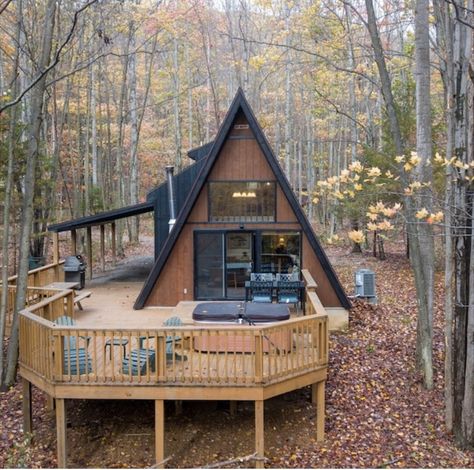 Woods Ideas, Cabin Style Homes, A Frame Cabins, Deck Steps, A Frame House Plans, Frame Cabin, A Frame Cabin, Loft House, A Frame House