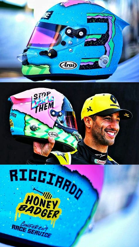 2019 Australian GP - Daniel Ricciardo's playful new "Stop Being Them"  helmet design is unique and will be unmistakable on the grid. The Australian's lid for 2019 was designed by Los Angeles artist Nicolai Sclater, better known as Ornamental Conifer.  Go Daniel!  #F1 #Formula1 #AustrianGP #AusGP #RenaultSportF1 #DanielRicciardo #DR3 #HoneyBadger #StopBeingThem #OrnamentalConifer Ornamental Conifer, Gp Mexico, Helmet Storage, Arai Helmets, Custom Motorcycle Helmets, Los Angeles Artist, Motorbike Helmet, Helmet Paint, Go Karts