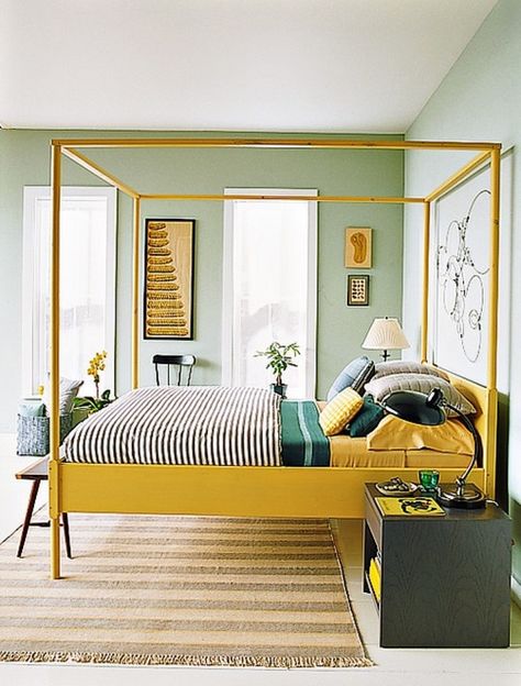 Yellow and green bedroom Yellow Bed Frame, Apartment Therapy Bedroom, Yellow Bed, Green Interior Design, Yellow Bedding, Green Walls, Yellow Bedroom, Green Interiors, Bedroom Green