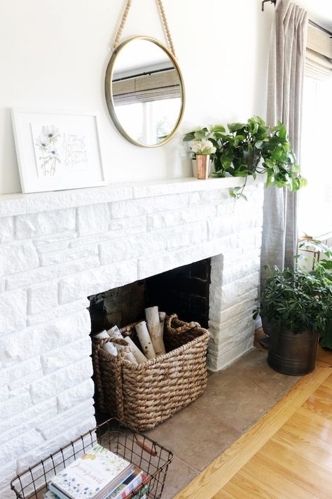 Lessons from A White Painted Fireplace Makeover - The Inspired Room White Painted Fireplace Brick, Fireplace Makeover Before And After, White Painted Brick Fireplace, Gas Fireplace Makeover, White Painted Fireplace, Painted Stone Fireplace, Fireplace White, Dream Fireplace, Painted Fireplace