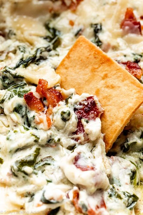 Spinach Bacon Dip, Spinach Dips, Bacon Spinach Dip, Hot Spinach Dip, Cheesy Appetizer, Bacon Dip, Garlic Dip, Hot Appetizers, Sally's Baking