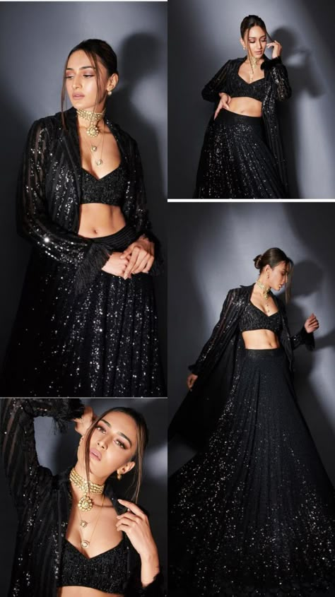 Indowestern Reception Outfit, Evening Indian Wedding Outfit, Sangeet Outfit Bridal Black, Black Outfits For Sangeet, Cocktail Function Outfit, Black Wedding Dress Indian, Black Sangeet Outfit For Women, Black Indo Western Outfits, Indian Wedding Outfits Black