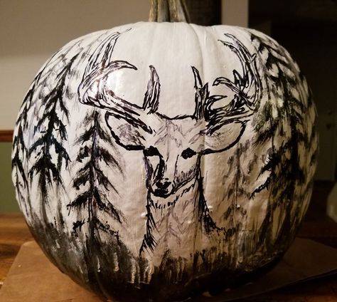 Deer in the woods pumpkin🎃🦇🌘🌜🔥😎 Pumpkin Carving Ideas Deer, Deer Pumpkin, Painted Deer Skulls, Deer In The Woods, Cute Pumpkin Carving, Pumpkin Arrangements, Pumpkin Carving Ideas, Anniversary Party Decorations, Deer Painting