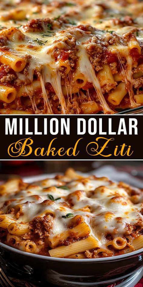 Craving a hearty pasta dish? Try this Million Dollar Baked Ziti Recipe! 🌟 Loaded with cheese and bursting with flavor, it’s easy to make and even easier to love. Perfect for cozy nights in or feeding a crowd! #BakedZitiRecipe #PastaLover #FamilyFavorites #ItalianFood #ComfortFoodDinner #OvenBaked #CheesyRecipes Baked Ziti Authentic, Baked Spasagna Recipe, Baked Ziti Make Ahead, Quick And Easy Oven Dinner Recipes, Simple Pasta Casserole Recipes, Pasta For Crowd Parties, Ground Beef Ziti Recipes, Spicy Pasta Bake, Baked Ziti Pioneer Woman