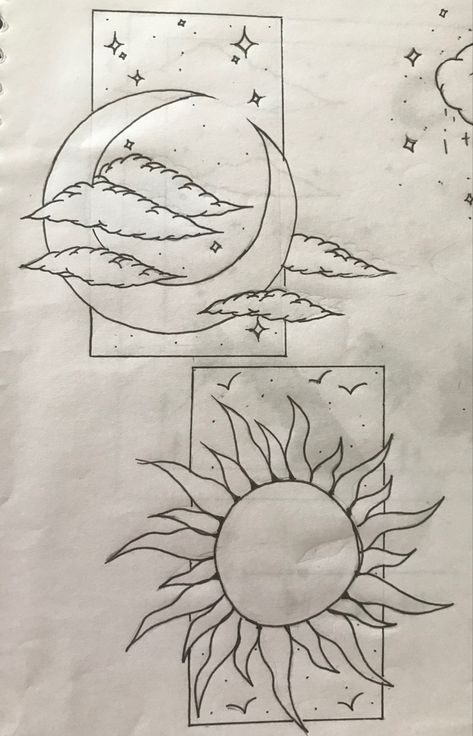 Cool Sun And Moon Drawings, Simple Sun And Moon Drawing, Sun And Moon Sketch Simple, Sun And Moon Doodle Art, Simple Sun And Moon Painting, Moon And Sun Sketch, Moon And Sun Drawing Simple, Sun And Clouds Painting, Sun Moon Sketch