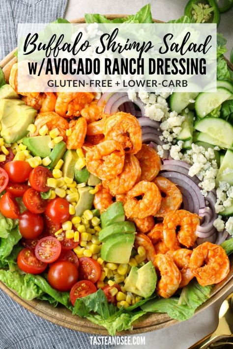 This Buffalo Shrimp Salad is light and flavorful and soo delicious!  With fresh greens topped with lots of veggies, saucy Buffalo shrimp, blue cheese crumbles and the most creamy and dreamy Avocado Ranch dressing.  #TasteAndSee Summer Bowls, Buffalo Shrimp Salad, Gluten Free Ranch Dressing, Blue Cheese Vinaigrette, Beautiful Salads, Avocado Ranch Dressing, Buffalo Shrimp, Shrimp Avocado Salad, Avocado Ranch