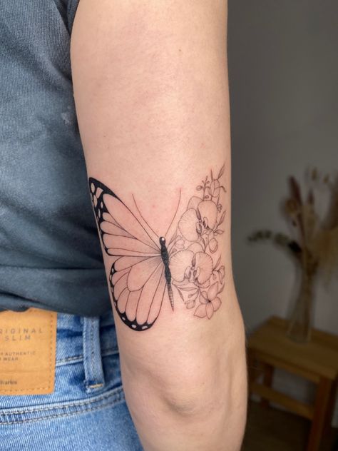 Orchids And Butterfly Tattoo, Butterfly And Orchid Tattoo, Butterfly Orchid Tattoo, Orchid Butterfly Tattoo, Tatu Ideas, Orchid Flower Tattoos, Stick Poke, Orchid Drawing, Stick Poke Tattoo