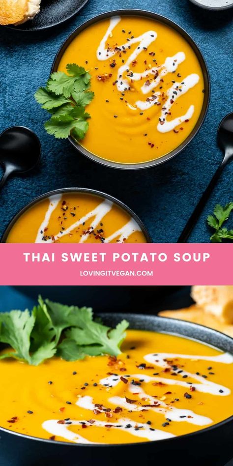 Canned Sweet Potato Puree Recipes, Thai Sweet Potato Soup, Spicy Sweet Potato Soup, Sweet Potato Coconut Curry, Thai Sweet Potato, Pumpkin Sweet Potato Soup, Curried Sweet Potato Soup, Soup Maker Recipes, Gourmet Soup