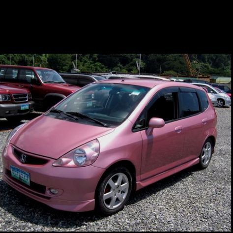 Pink Honda Fit Sport- Honda is the first car manufacturer offering a pink car for their female market; I love it!!! Pink Honda, Cute Small Cars, Honda Fit Sport, Dream Cars Lamborghini, Tiny Cars, Honda (car), Honda Jazz, Honda Cars, Pink Car