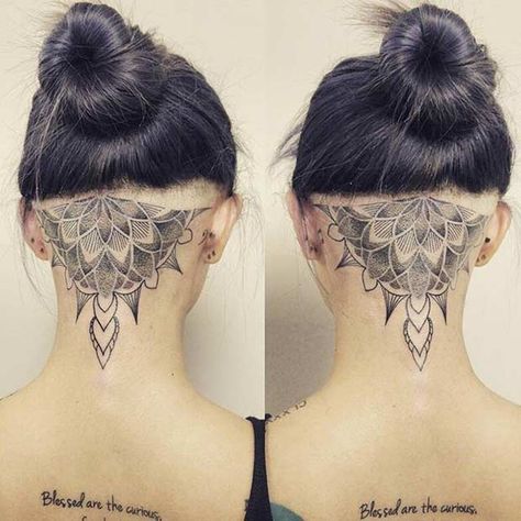 Women's Back of Head Undercut Mandala Tattoo Back Of Neck Hairline, Neck Hairline, Tattoo Back Of Neck, Undercut Tattoos, Mandala Tattoo Back, Hairline Tattoos, Nape Tattoo, Scalp Tattoo, Tattoo Back