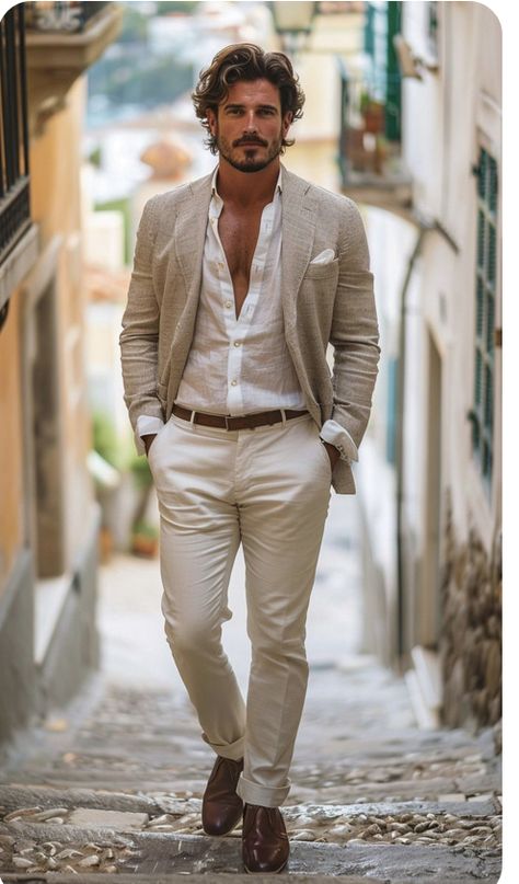 Men's Streetstyle, Blazer Outfits Men, Classy Outfits Men, Wedding Outfit Men, Mens Fashion Blazer, Gents Fashion, Blazer Outfit, Beige Pants, Classy Men