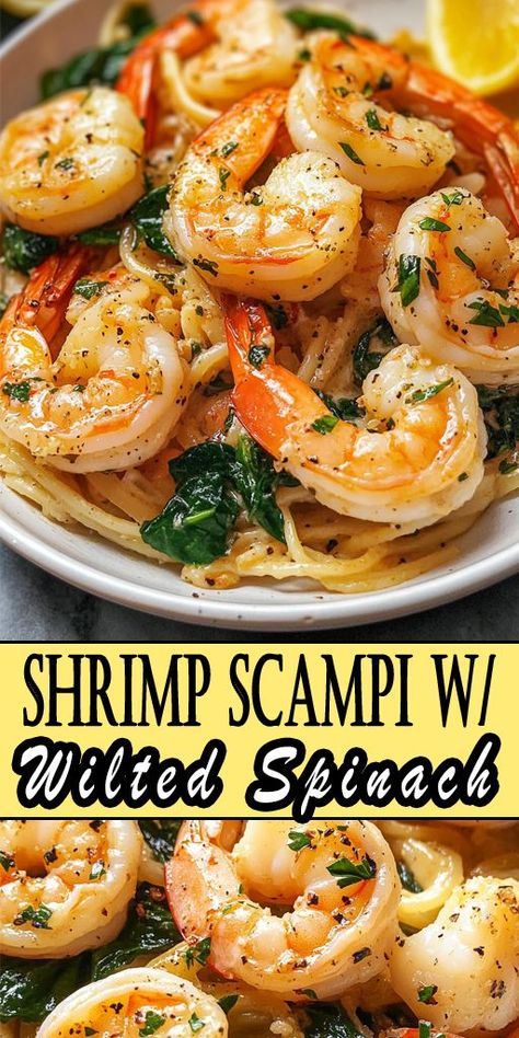 Looking for a light yet flavorful dinner? Try this Shrimp Scampi with Wilted Spinach! 🍤🥬 Cooked in a rich garlic butter sauce with fresh spinach, it’s the perfect meal for a busy night or a healthy seafood dinner. Easy to make, and even easier to devour! 😋 #ShrimpScampiRecipe #HealthyMeals #ShrimpDinner #SeafoodDinner #GarlicButterShrimp #SpinachRecipe #QuickMeals #EasyDinner #HealthyLiving Shrimp And Spinach Recipes, Shrimp Spinach Pasta, Healthy Shrimp Scampi, Shrimp Scampi Pasta Recipes, Spinach Cooked, Healthy Seafood Dinners, Shrimp And Spinach, Spinach Pasta Recipes, Easy Shrimp Scampi