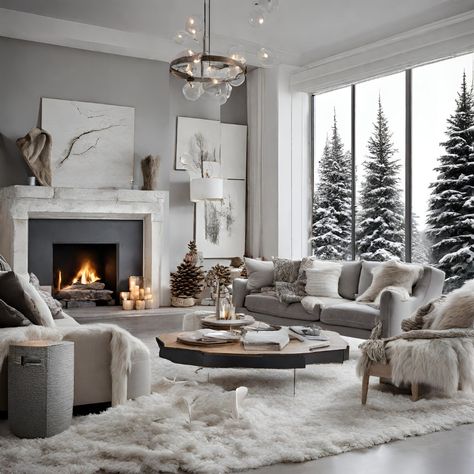 Living Room Fur Rug, Winter Wonderland Living Room Decor, Faux Fur Living Room Rug, Christmas Decor Ideas For Living Room Winter Wonderland, Fur Living Room Decor, Winter Decor Ideas For The Home Living Rooms, Bloxburg Winter Living Room, White Rooms Ideas, Winter Home Interior