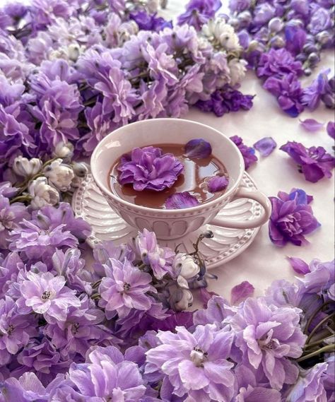 Lavender Theme Aesthetic, Purple Tea Aesthetic, Lavender Tea Aesthetic, Purple Feminine Aesthetic, Flower Tea Aesthetic, Purple Tea Party, Tea Cup Aesthetic, Lavender Things, Aesthetic Lavender