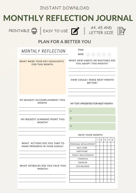 Monthly Reflections Review , Monthly Reflection Journal, Monthly Reflection, Monthly Review, A5,A4 & Letter size PDF Instant Download  This Monthly reflection Review is a straightforward tool to organize your thoughts and ideas. All that is required is to download and print or open as PDF. Let the reflection begin! Product info: * This reflection review had 3 sizes available: A4, A5 and Letter size. * Printable  * Open as PDF SECTIONS OF THE REFLECTIVE REVIEW: * Key Highlights * Biggest accompli Reflection Journal Ideas, Monthly Planning Ideas, Month Review Journal, Self Reflection Journal, Reflection Journal, Monthly Review Template, Reflection Journaling, Monthly Journal, Monthly Journal Ideas