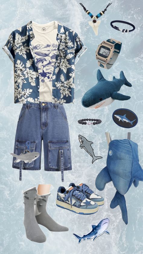 Shark outfit Shark Bathing Suit, Possum Inspired Outfit, Shark Themed Outfit, Shark Inspired Outfit, Shark Clothes, Shark Outfit, Theme Clothes, Boys Aesthetic Outfits, Ocean Outfits