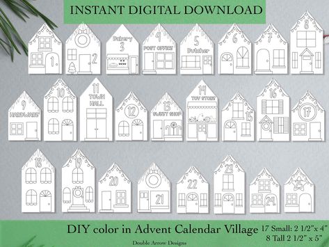 "Printable Advent Christmas Village. Black and white so that you can color in your own houses! Add an extra fun activity with your family, class and friends! Each printable house is numbered to countdown to Christmas. There are 17 small houses and 8 tall houses in total. Want a colored version instead? No problem check out this listing for the colored version: https://www.etsy.com/listing/1331421312/printable-paper-advent-houses-diy-paper You will receive: A  PDF file with all calendar houses (U Christmas Village Printable, Paper Christmas Village, Advent House, 12 Days Of Xmas, Printable Black And White, House Template, Holiday Party Games, Cardboard House, Paper Christmas