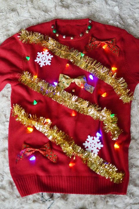 Light-Up Ugly Christmas Sweaterbestproductscom Vlogmas Ideas, Xmas Traditions, Homemade Ugly Christmas Sweater, Ugly Christmas Sweater Diy Funny, Christmas Performance, Christmas Tree Ugly Sweater, Diy Christmas Sweater, Sweater Diy, Christmas Sweater Outfits