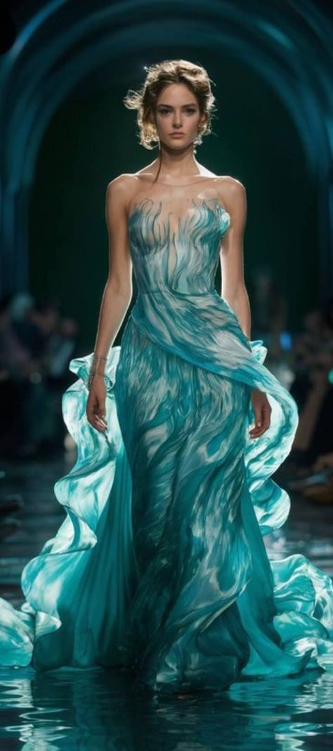 High Fashion Fantasy Dresses, Blue Avant Garde Fashion, Ocean Inspired Fashion Haute Couture, Water Inspired Clothes, Sea Dress Fashion, Ocean Inspired Clothes, Fashion Shows 2024, Water Clothes Aesthetic, Fashion Inspired By Water