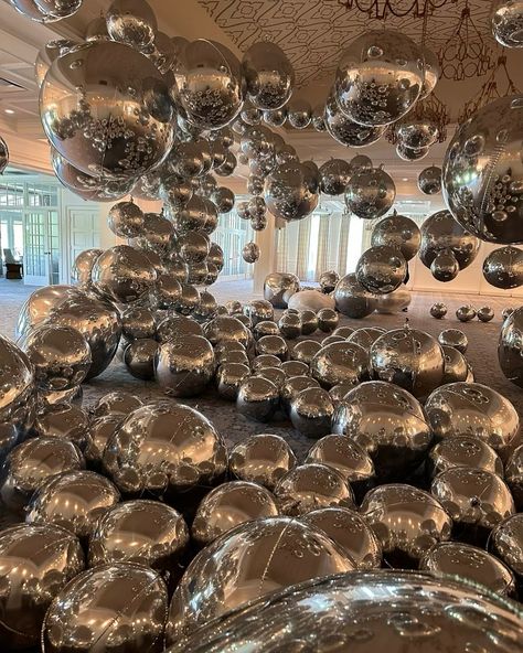 Disco Balloon Chandelier 2.0: When the breakdown is an event of its own! 🪩🪩🪩 For me, art is in every moment. Xo, @chandelierevent @chandelierevent @mydecoballoon #balloons #balloon #balloondecor #ballooninstallation #artinspiration #artinstallation #chandelierevent #disco #discoballoon #discoball Silver Balloons Aesthetic, Balloons Ceiling, Chrome Balloons, Balloon Chandelier, Balloon Ceiling, House Of Balloons, Balloon Installation, Silver Balloon, Wedding Vibes