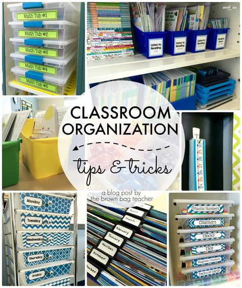 Awesome Classroom Organization Tips and Tricks. Great ideas for guided reading, math centers, and classroom library! Teacher Materials Organization, Teacher Lesson Plan Organization, Teacher Closet Organization, Teacher Paper Organization Ideas, Teaching Organization, Class Organization, Education Organization, Organization And Management, Classroom Organisation