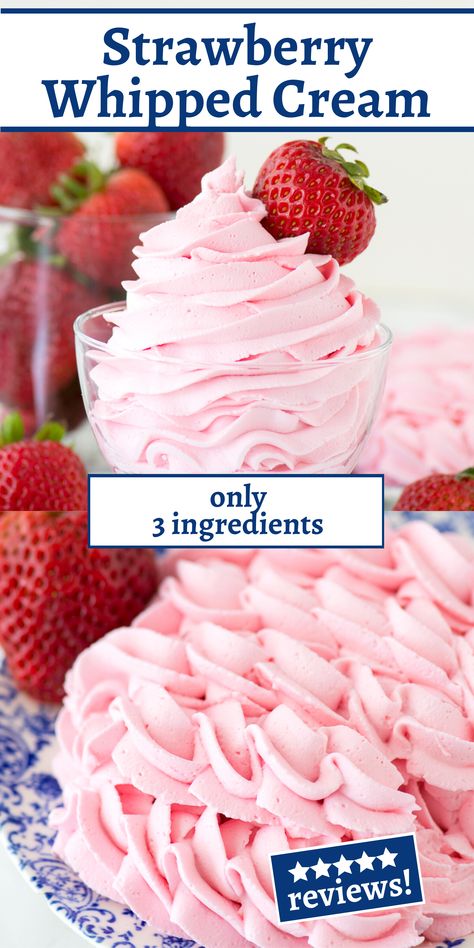 strawberry pin with text overlay Fresh Cream Icing Recipes, Strawberry Cake Whipped Icing, Decorating Cake With Whipped Cream, Jello Whipped Cream Frosting, Cool Whip Strawberry Frosting, Cool Whipped Frosting, Ways To Use Heavy Whipping Cream, Whipped Cream Pie Decoration, Strawberry Frosting With Real Strawberry