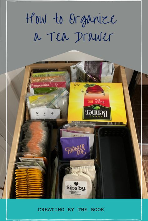 How to Organize a Tea Drawer – Creating By The Book Drawer Organization Aesthetic, Tea Cabinet Organization, Coffee Tea Drawer, Tea Drawer Organizer, Tea Drawer Organization, Beverage Drawer, Drawer Kitchen Organization, Tea Storage Ideas, Apartment Kitchen Organization Ideas