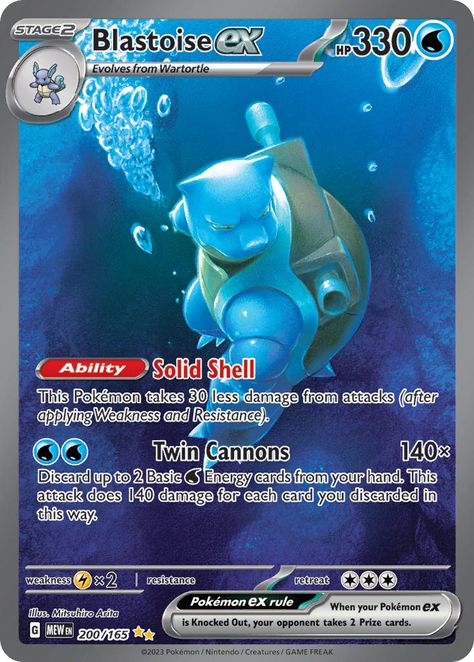 Blastoise ex in the 151 Pokémon Trading Card Game Set. Detailing all effects of the card Pokemon Full Art, Pokemon Blastoise, Pokemon Tcg Cards, 151 Pokemon, Cool Pokemon Cards, Scarlet Violet, Pokemon Special, Pokemon Coloring, Collectible Trading Cards