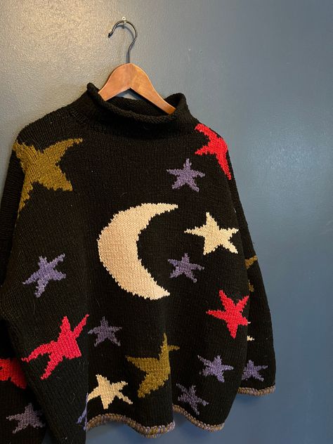 Teacher Swag, 90s Sweater, Vintage Knitwear, Japan Trip, Star Sweater, Moon And Stars, Knit Pullover, Cute Sweaters, Knitted Pullover Sweaters