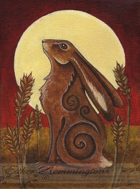 Esther Remmington Fantasy Art Moon Gazing Hare Art, Moon Hare Tattoo, Hare And Moon, Celtic Hare Tattoo, Painting Themes Ideas, Hares In Art, Pagan Art Drawings, Moon Gazing Hare Tattoo, Hare Artwork