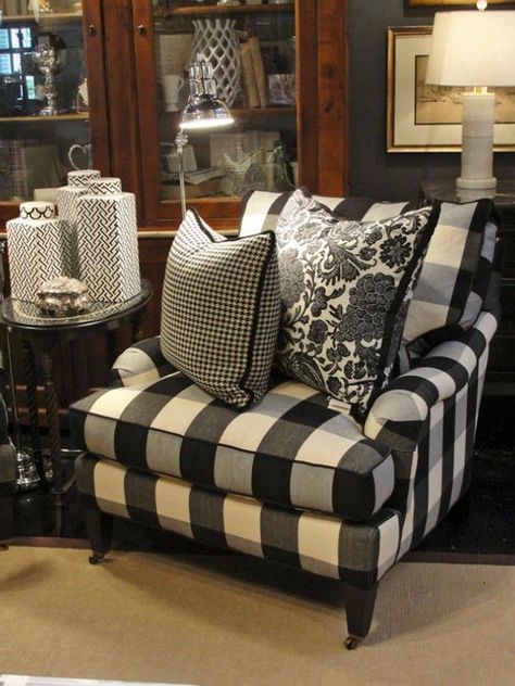 Covered in a classic black-and-white buffalo check, this chair is relaxed and timeless, something you could keep for generations. White Cottage, Black And White Decor, French Country Decorating, White Decor, Buffalo Check, My New Room, Cool Ideas, Country Decor, Buffalo Plaid