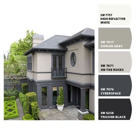 Paint colors from ColorSnap by Sherwin-Williams Modern Exterior Paint Colors, Exterior Gray Paint, Stucco Colors, Exterior House Colors Stucco, Best Exterior Paint, Dark Trim, House Paint Color Combination, Exterior House Color, Exterior Paint Colors For House