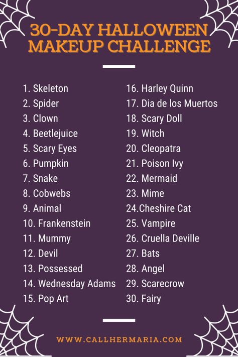 31 Days Of Halloween Makeup Challenge List, October Makeup Challenge, 30 Day Makeup Challenge, 30 Days Of Halloween Makeup, Halloween Makeup Challenge, Makeup Calendar, Make Up Challenge, October Makeup, Beauty Challenge